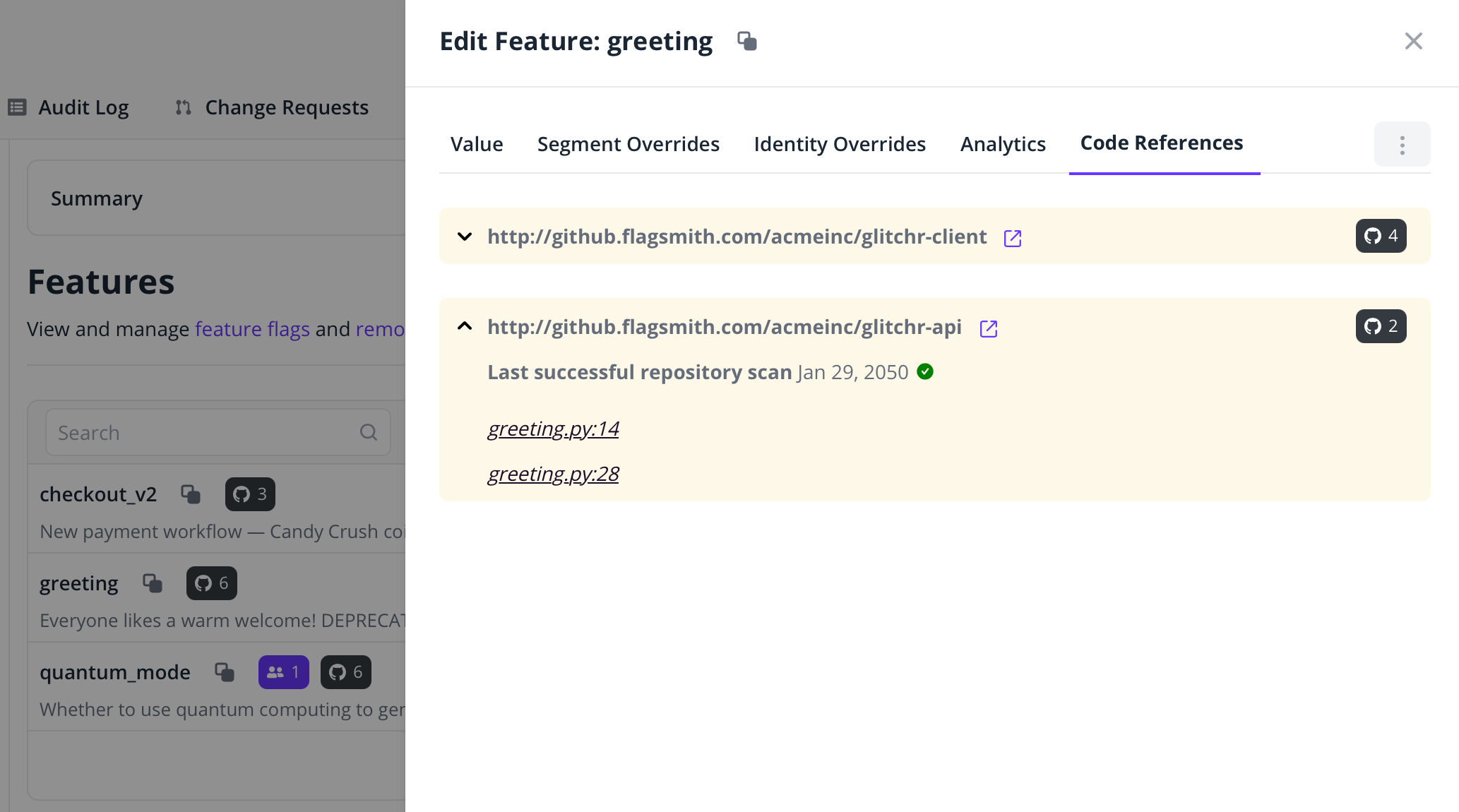 Code References listed for each repository within Feature details